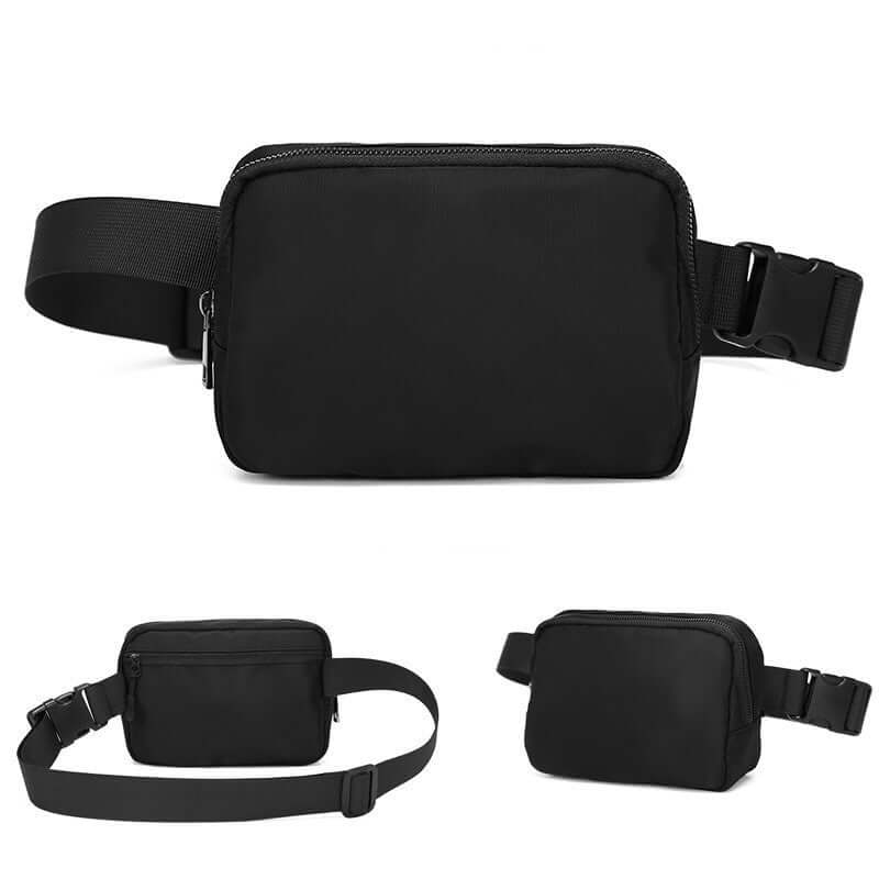Sleek black nylon crossbody pouch bag, waterproof design, lightweight for men, shown in front and side views.