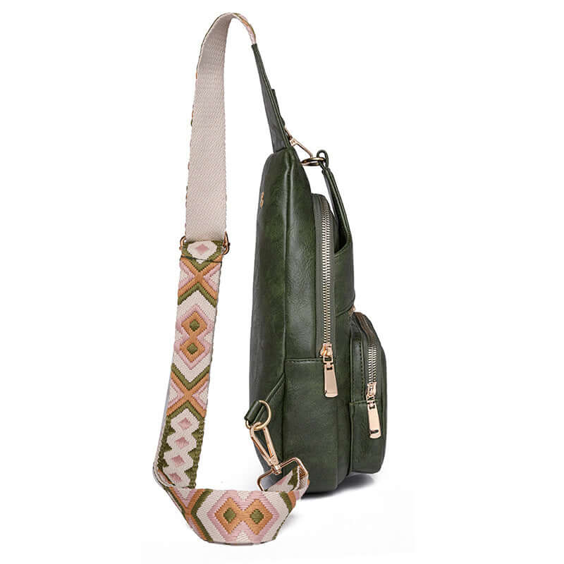 Green Ladies Cross Shoulder Bag with patterned strap, made from high-quality PU leather, elegant and durable for everyday use.