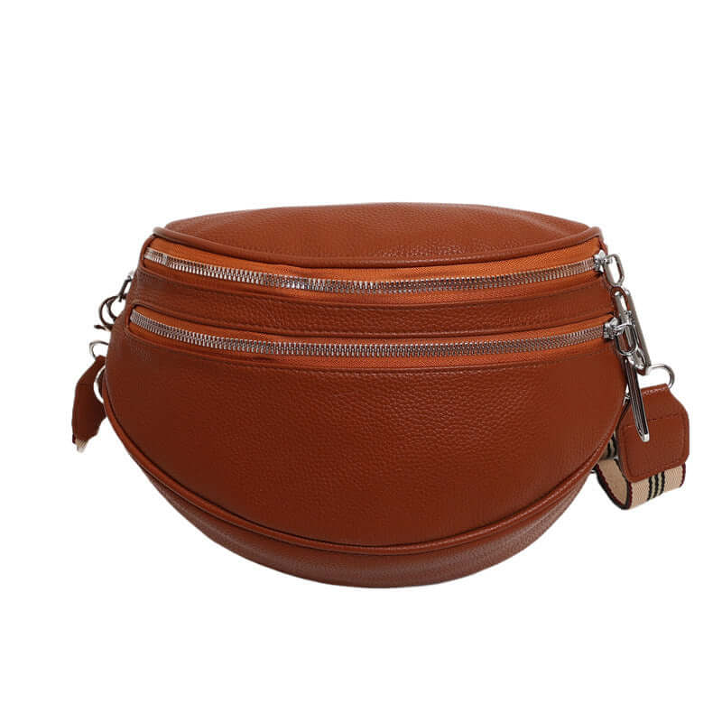 Trendy Ladies Chest Bag in rich brown PU with zipper pockets, ideal for urban style and convenience in daily wear.