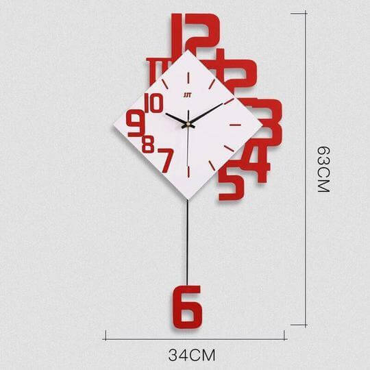 Stylish wall clock featuring a diamond design with bold red numbers, measuring 34cm by 63cm, perfect for modern decor.