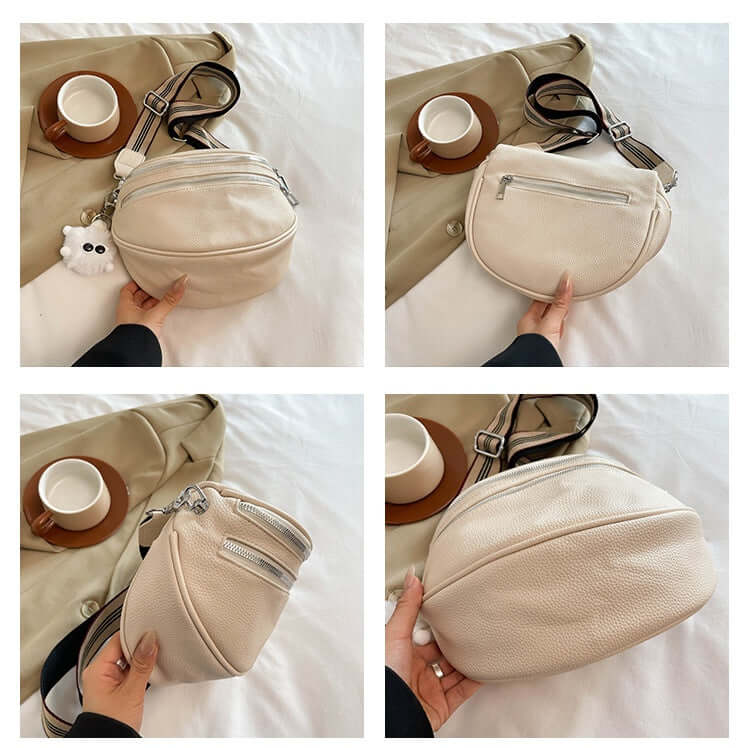 Ladies chest bag in milky white PU, featuring urban simplicity design with slit pocket. Perfect for stylish convenience.