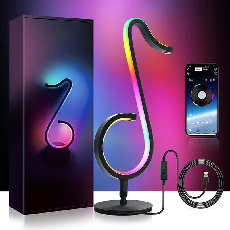 Symphony Atmosphere Table Lamp with remote and cable, featuring a vibrant LED display for enhancing room ambience.