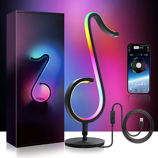 Symphony Atmosphere Table Lamp with remote and cable, featuring a vibrant LED display for enhancing room ambience.