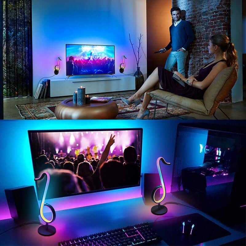 Symphony Atmosphere Table Lamp in a modern living room and gaming setup, showcasing ambient lighting and style.