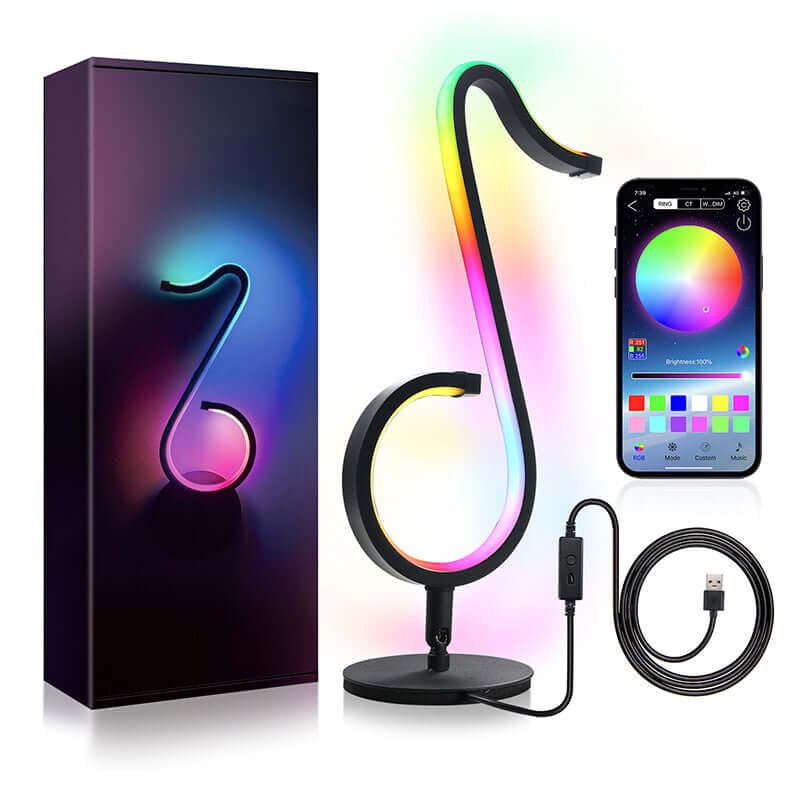 Symphony Atmosphere Table Lamp with color-changing LED display, remote control, and USB cable, elevating modern living spaces.