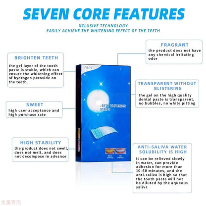 Image of Teeth Whitening Sticks packaging highlighting seven core features for effective and stable teeth brightening.