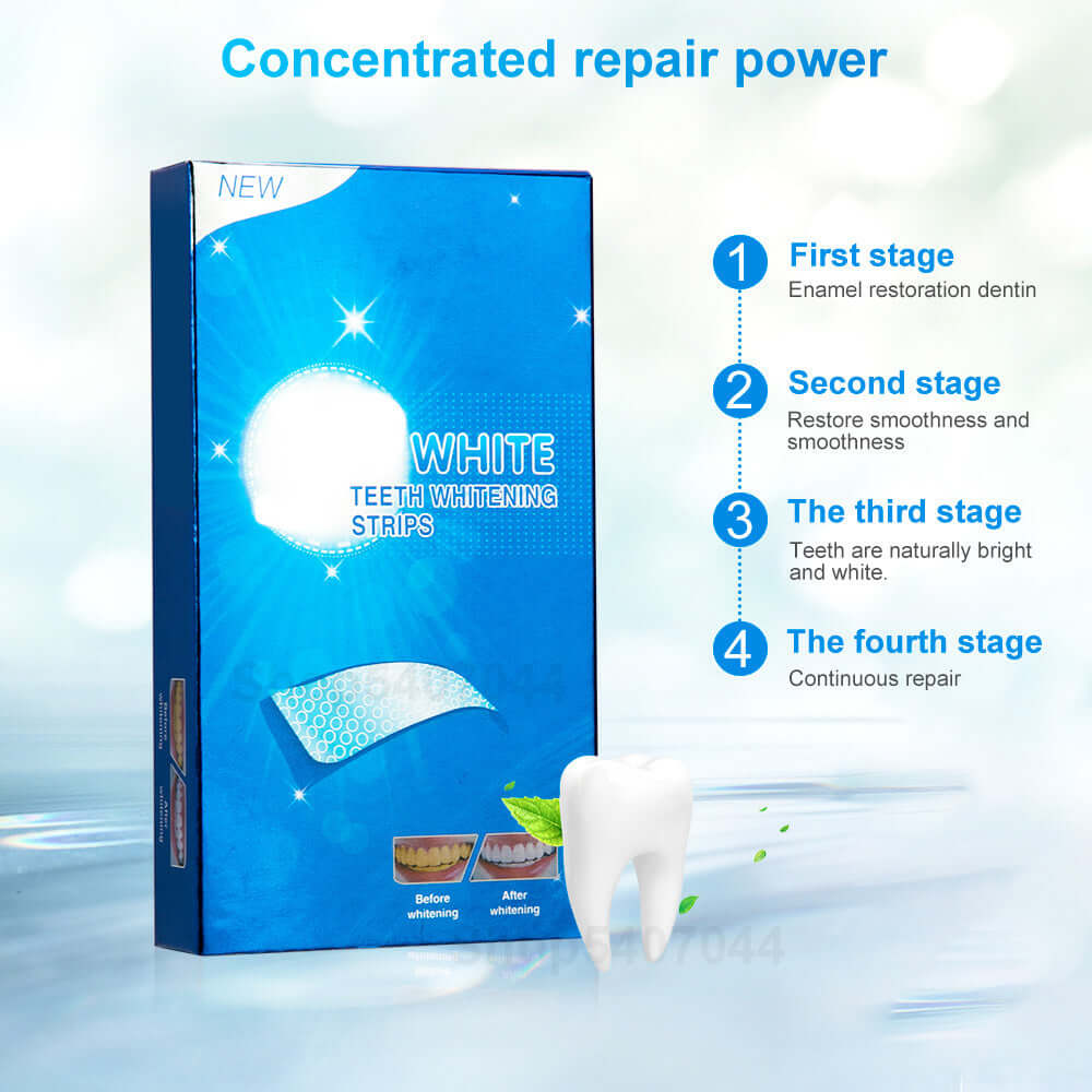 Teeth Whitening Sticks packaging with stages of enamel restoration, smoothness, whitening, and continuous repair benefits.