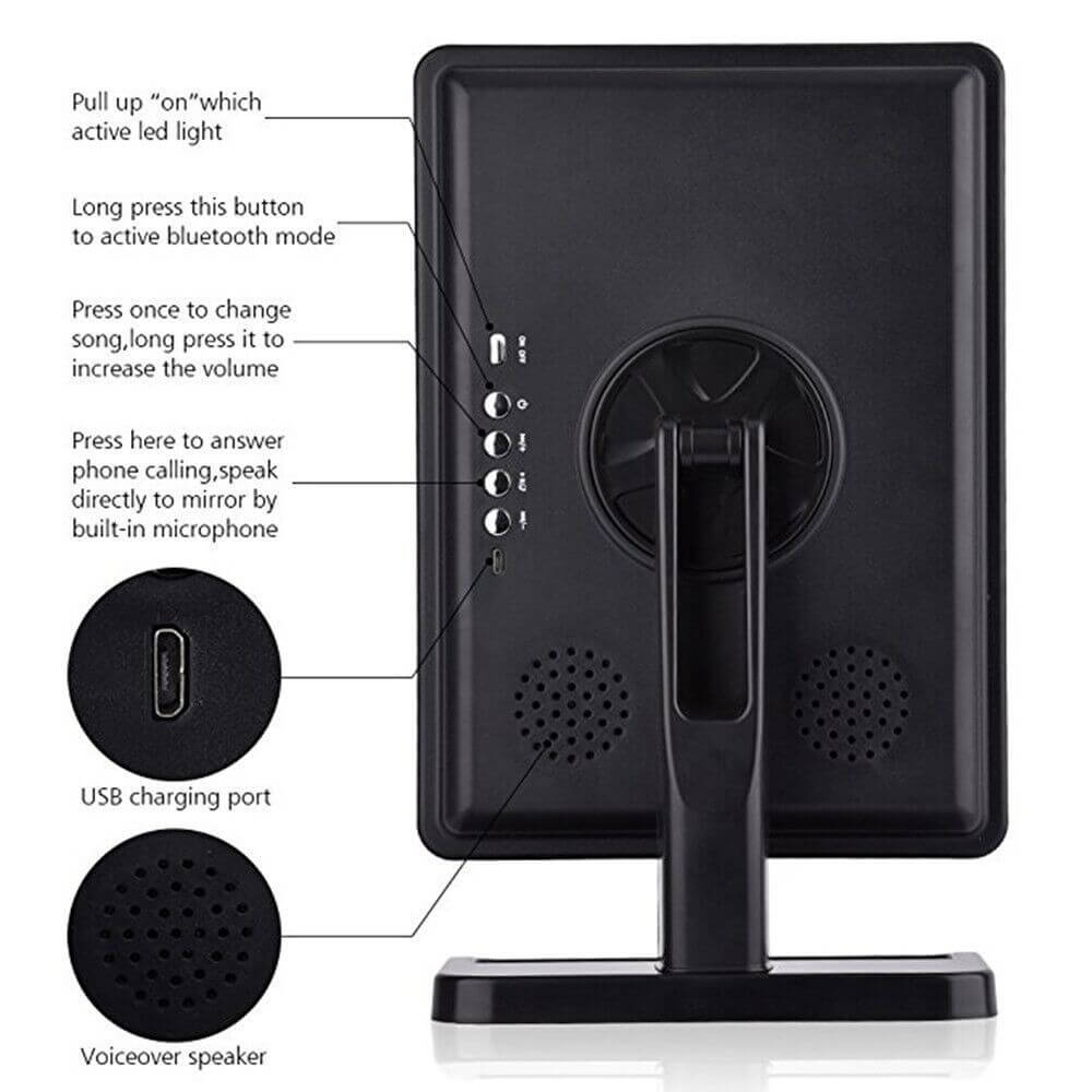 Back view of Touch Screen Vanity Mirror showing buttons, USB port, and voiceover speaker for a multifunctional beauty tool experience.