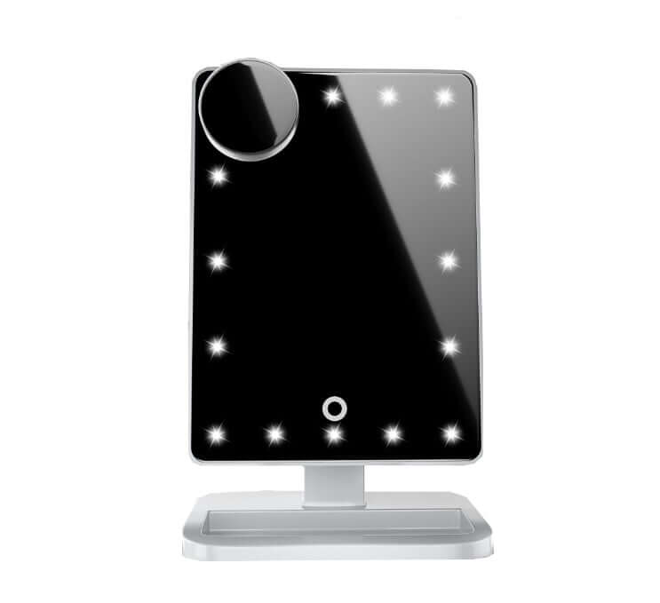 Touch Screen Vanity Mirror with LED lights and Bluetooth speaker for enhanced makeup application.