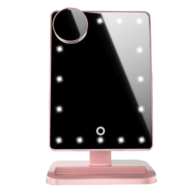 Touch Screen Vanity Mirror with LED lights and Bluetooth speaker, ideal for makeup with music enjoyment in a stylish design.