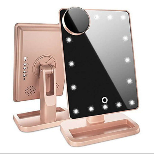 Touch Screen Vanity Mirror with Bluetooth speaker and LED lights, multifunctional beauty tool for enhanced makeup application.