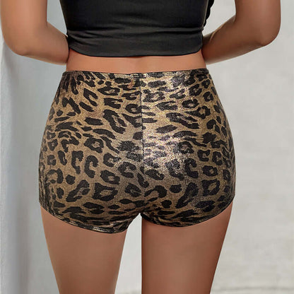 Back view of chic khaki low-waist Cheetah Shorts in high-quality polyester for stylish warm weather comfort.