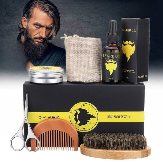 Beard Grooming Kit with 6-piece set including beard oil, cream, comb, brush, scissors, and linen bag, perfect for beard care.