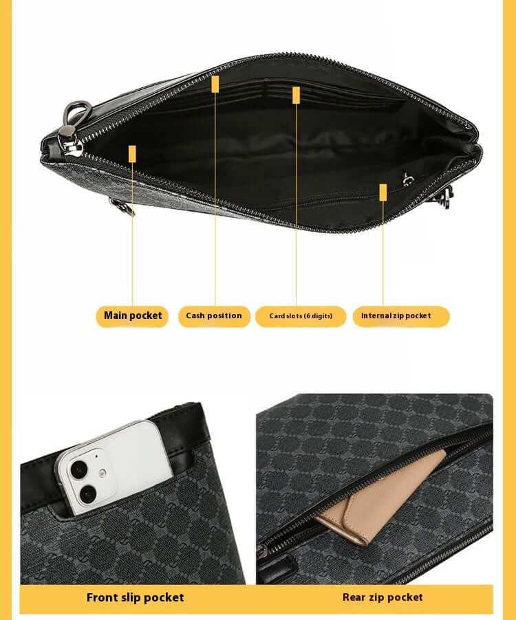 Interior view of Clutch Hand Bag with multiple pockets for cash, cards, and essentials; features a smartphone in front slip pocket.