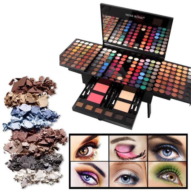 Diverse Eyeshadow Box with 180 shades, featuring open palette and eye makeup examples, perfect for creating stunning looks.