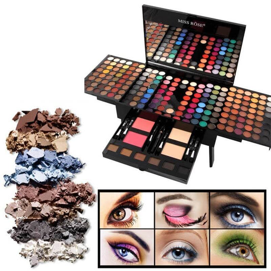 Diverse Eyeshadow Box with 180 shades, featuring open palette and eye makeup examples, perfect for creating stunning looks.