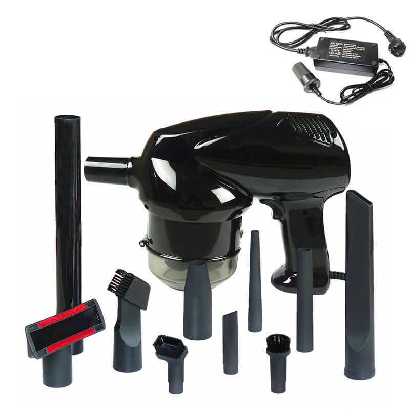 Hand Held Vacuum Cleaner with various attachments and power supply for versatile cleaning tasks.