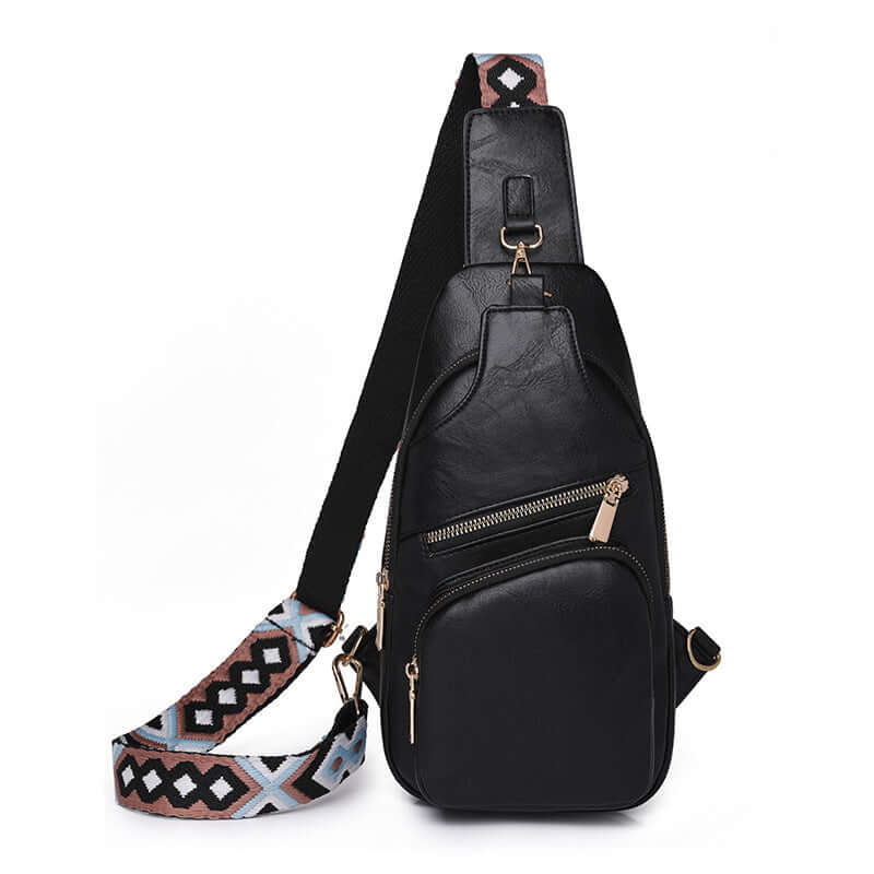 Stylish Ladies Cross Shoulder Bag in black with decorative strap, perfect blend of elegance and functionality, made from durable PU leather.