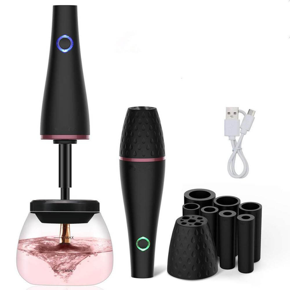Compact Makeup Brush Cleaning Machine with black ABS body, rechargeable power, and accessories for easy cleaning at home or travel.