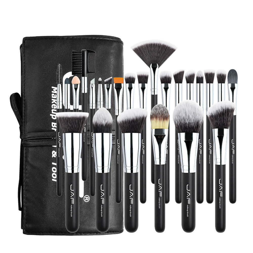 Complete kit of makeup brushes with synthetic fibers, cruelty-free, hypoallergenic, various sizes for face and detail applications.