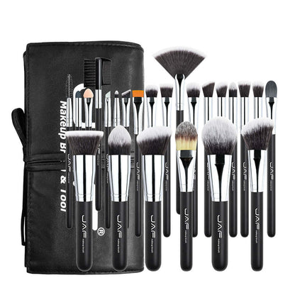 Complete kit of makeup brushes with synthetic fibers, cruelty-free, hypoallergenic, various sizes for face and detail applications.
