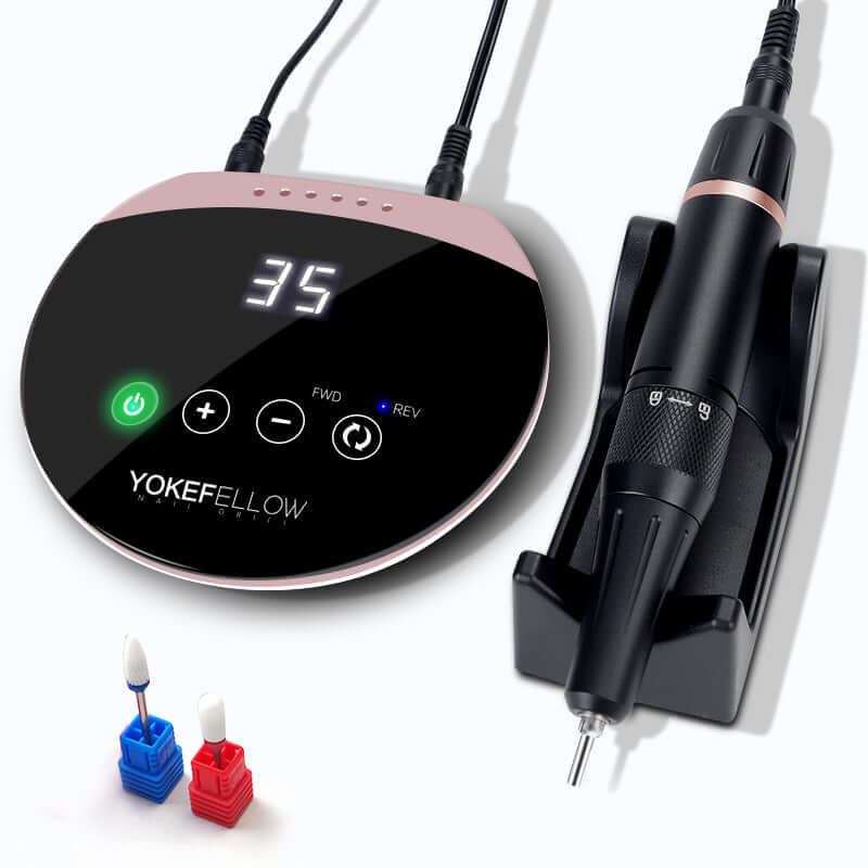 Nail Drill Machine with digital display and adjustable speed, featuring durable aluminum and ABS body for precise nail shaping.