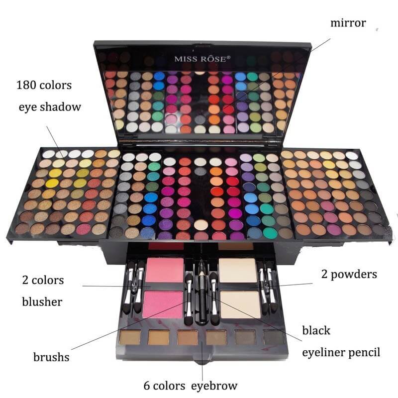 Colorful Eyeshadow Box with 180 shades, blush, powders, eyeliner, and eyebrow colors, designed for versatile makeup applications.