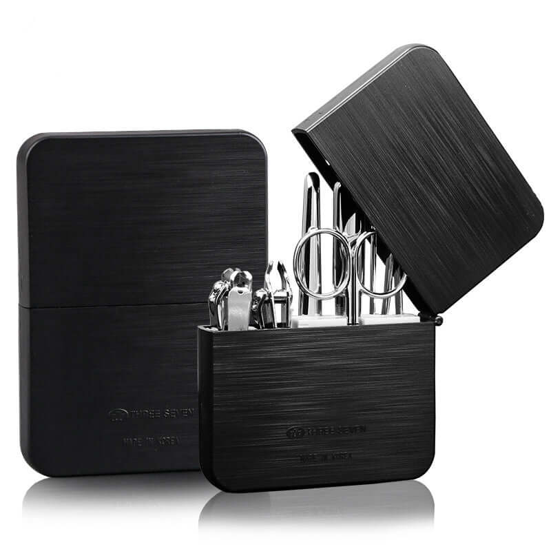 Premium Finger Nail Clippers Set with carbon steel tools, including diagonal and flat cut clippers, in a sleek black case.