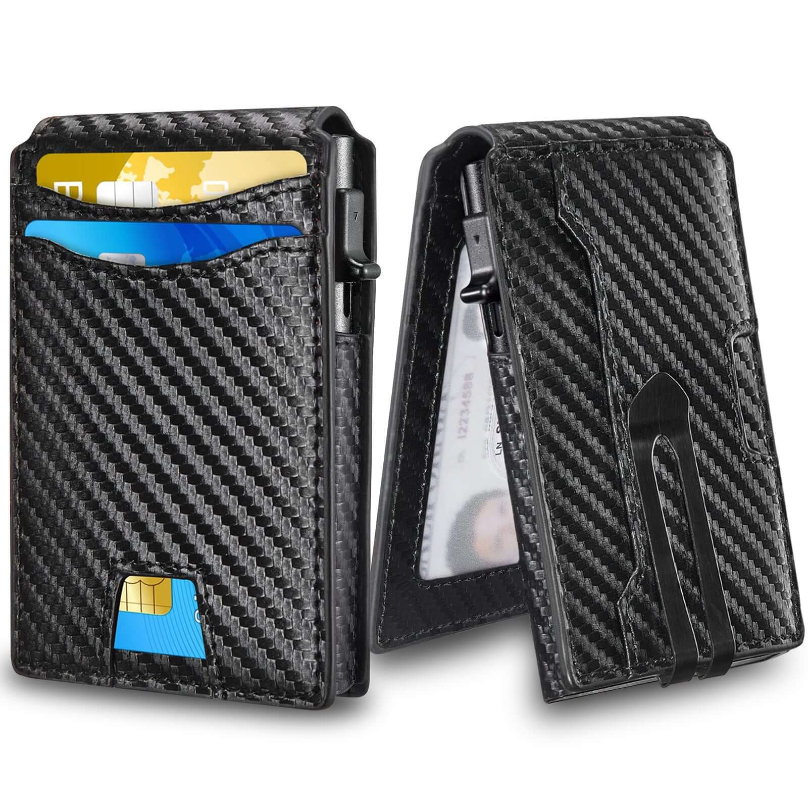 Sleek Flip Card Holder Wallet with black carbon fiber pattern made of high-quality plastic and aluminum, showcasing both front and back views.