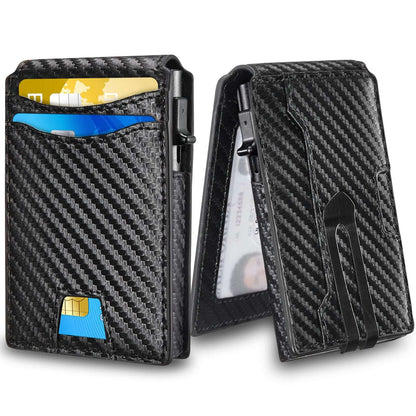 Sleek Flip Card Holder Wallet with black carbon fiber pattern made of high-quality plastic and aluminum, showcasing both front and back views.