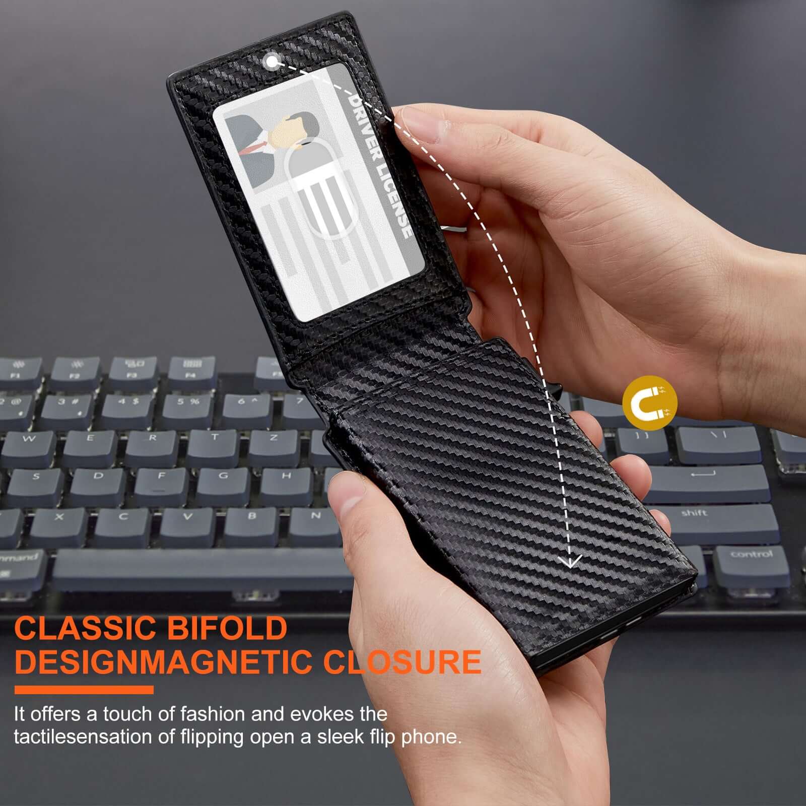 Person holding black carbon fiber Flip Card Holder Wallet with classic bifold design over a keyboard, showcasing its sleek and modern style.