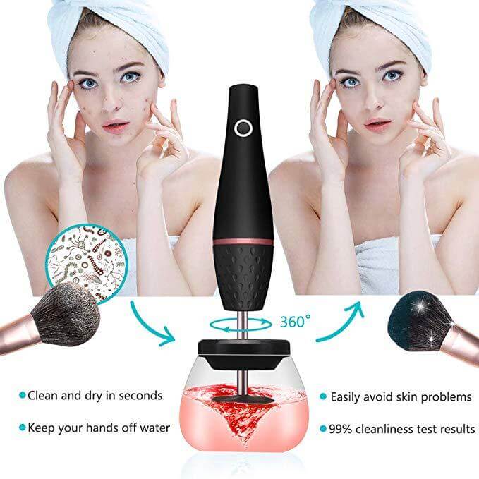 Makeup Brush Cleaning Machine demonstrates fast, effective cleaning with a sleek black design, preventing skin issues and ensuring 99% cleanliness.