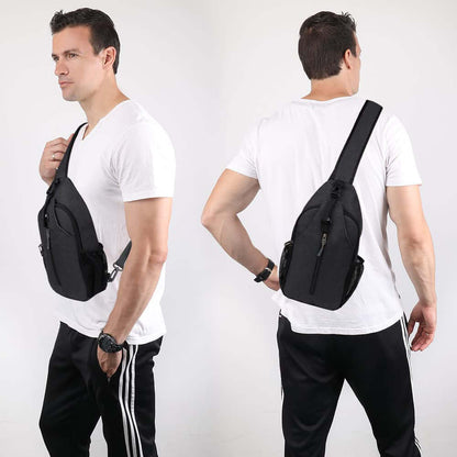 Outdoor Crossbody Shoulder Bag worn by a model, showcasing sleek design and durable nylon material, perfect for excursions.