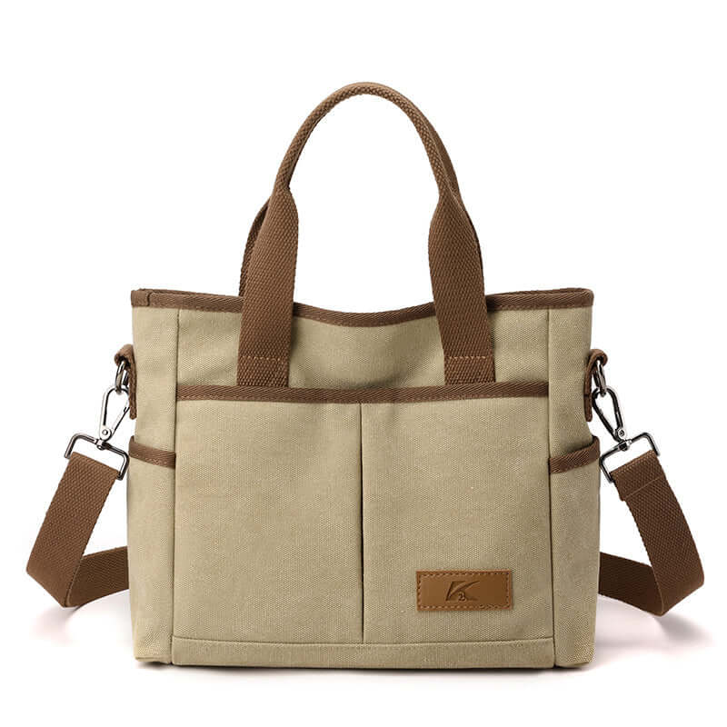 Khaki Simple Tote Bag in durable canvas with brown handles and detachable strap, ideal for everyday use and available in multiple colors.