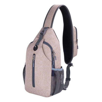 Beige Outdoor Crossbody Shoulder Bag made of durable nylon with multiple zippers and mesh pockets, ideal for excursions. 