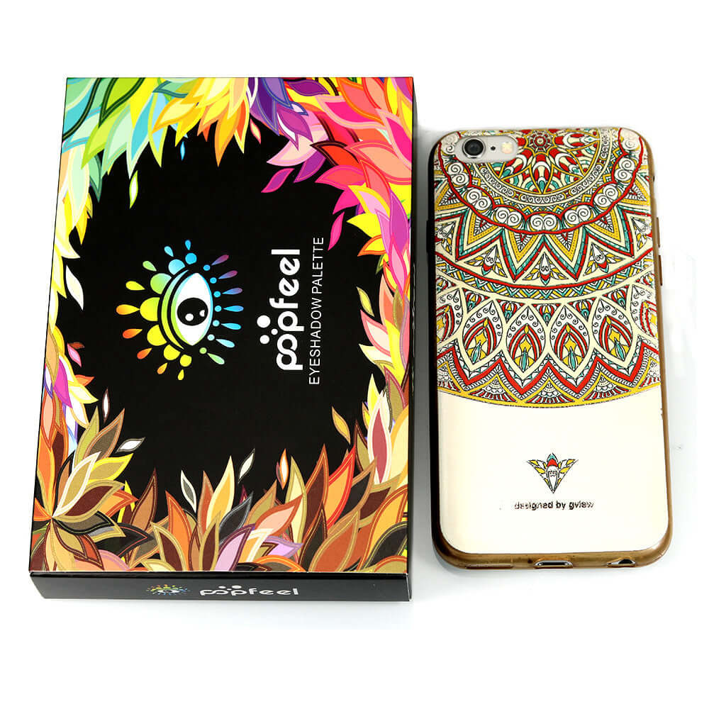 Colorful Popfeel Eyeshadow Palette with vibrant design next to a patterned phone case.