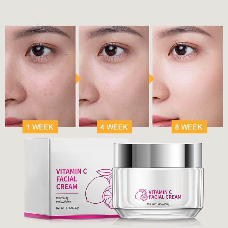 Before and after results of using Vitamin C Facial Cream over 8 weeks with product packaging displayed below.