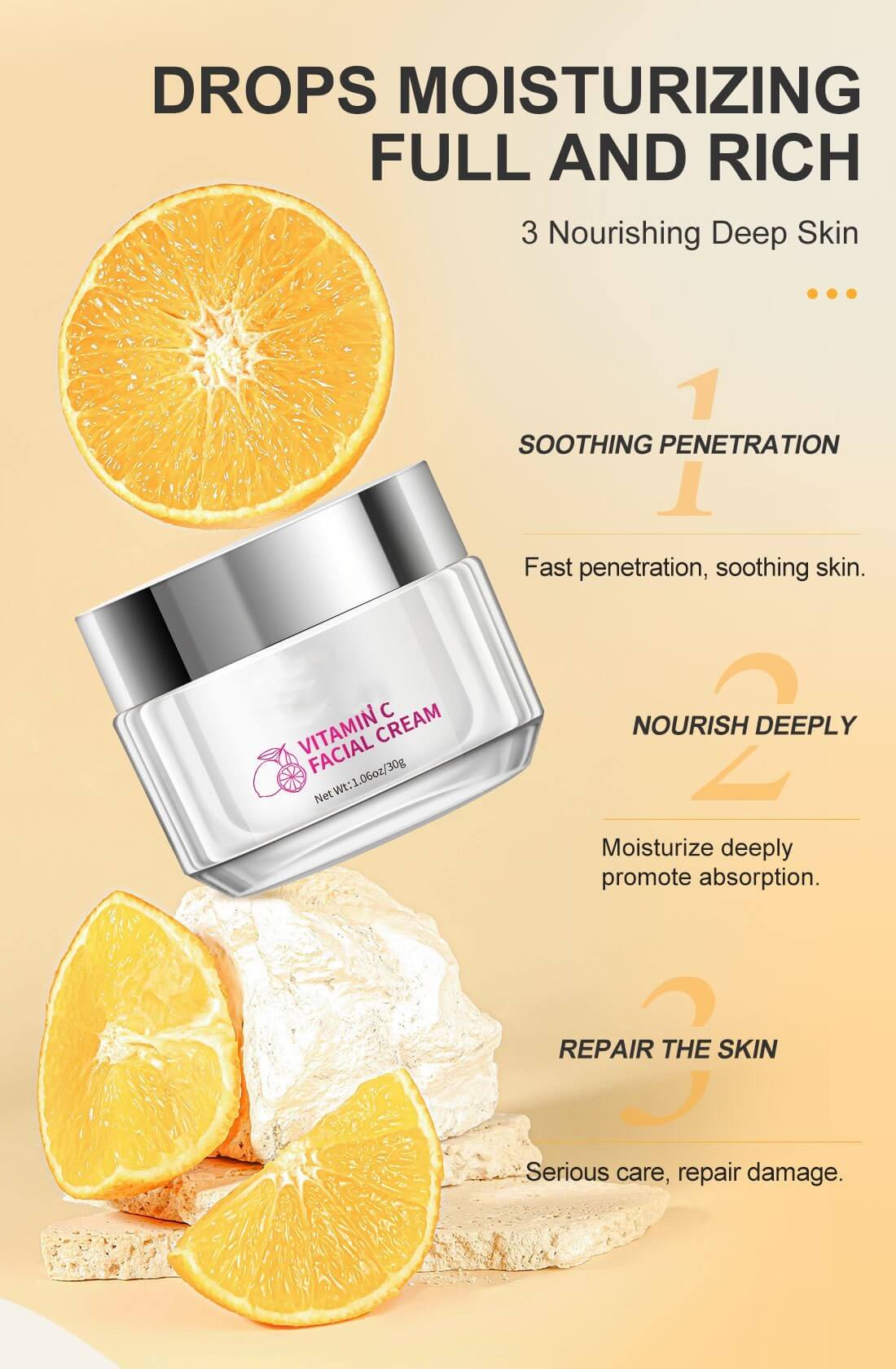 Vitamin C Nourishment Cream with moisturizing, soothing benefits. Ideal for universal skin types with 3 years shelf life, 30g jar.