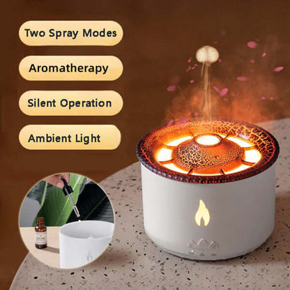 Volcano Air Humidifier with two spray modes, aromatherapy feature, silent operation, and ambient light, ideal for soothing spaces.