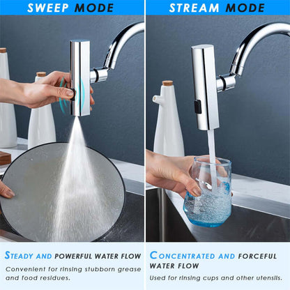 Waterfall Kitchen Faucet demonstrating Sweep Mode and Stream Mode for versatile water flow options.