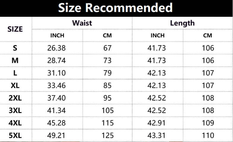 Size chart for wide-leg trousers from S to 5XL, featuring waist and length measurements in inches and centimeters.
