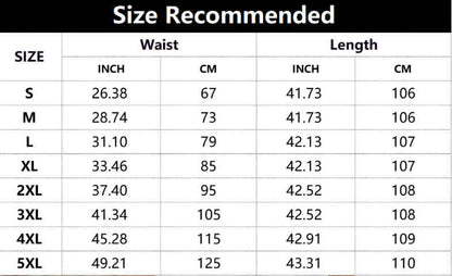 Size chart for wide-leg trousers from S to 5XL, featuring waist and length measurements in inches and centimeters.