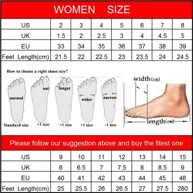 Women's shoe size chart with foot measurement guide and size conversions for US, UK, and EU. Includes tips for choosing the right fit.
