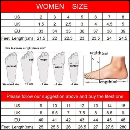 Women's shoe size chart with foot measurement guide and size conversions for US, UK, and EU. Includes tips for choosing the right fit.