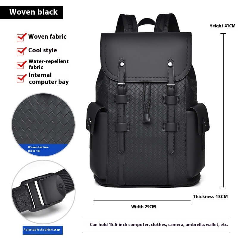Woven black business travel backpack with waterproof fabric, laptop compartment, and adjustable straps.